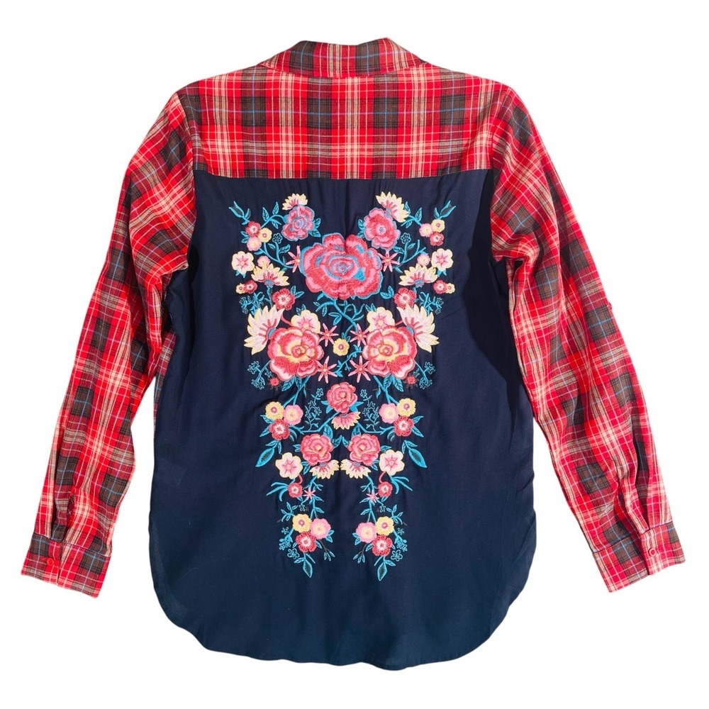 Andree by Unit Plaid Button Down Shirt Women S Red Floral Embroidered Back Boho